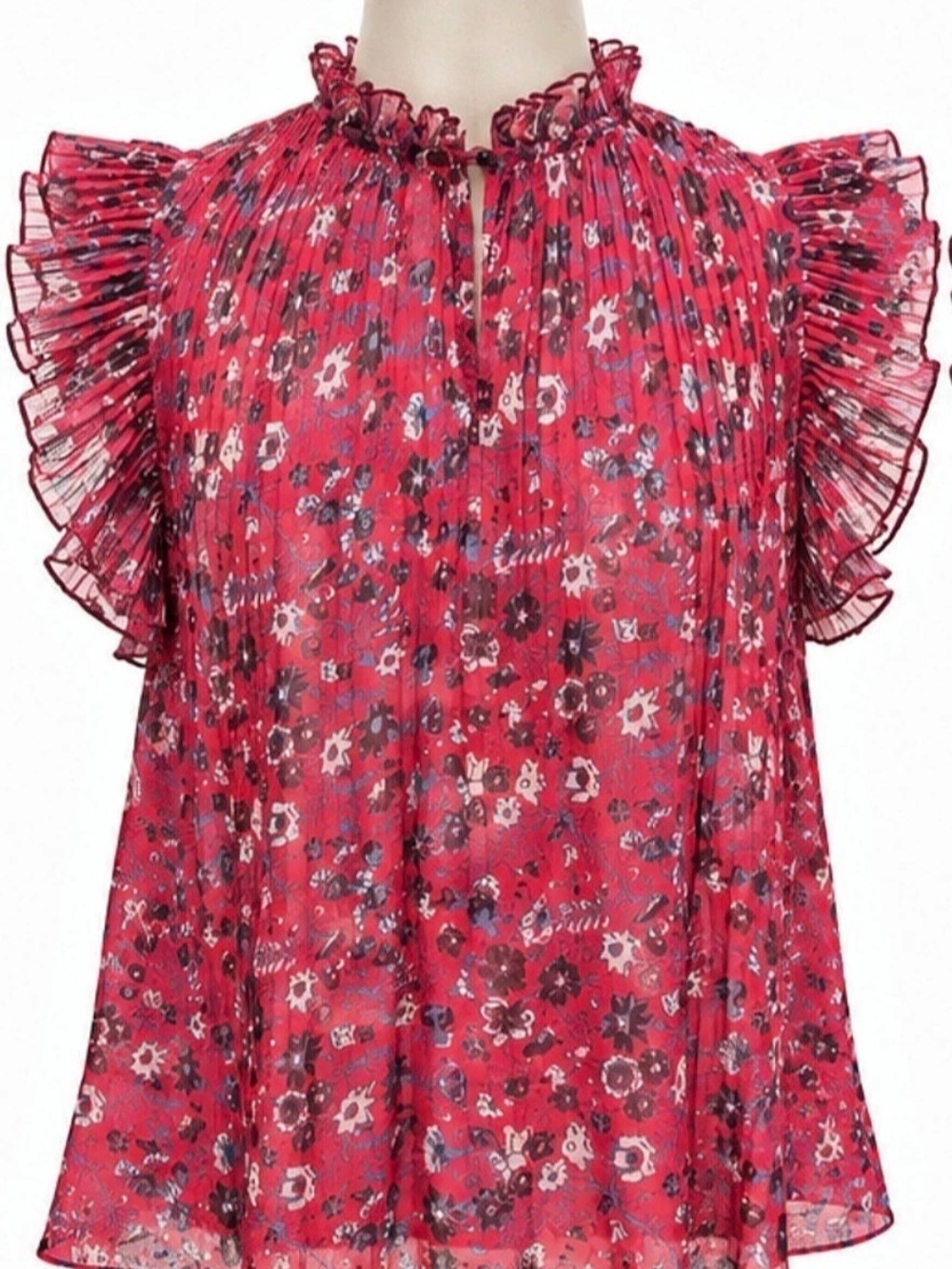 By Anthropologie Pleated Floral Ruffle Blouse Red Pink Size M Made in Italy